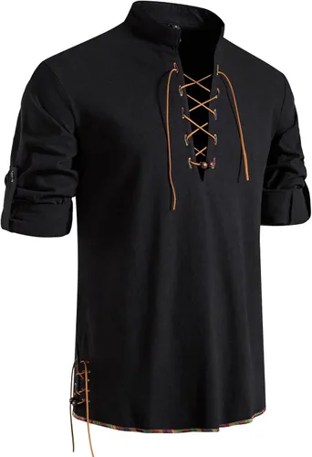 Vista 10 de LucMatton Camisa de manga larga para hombre, estilo retro, con cordones, medieval, renacentista, pirata, vikingo, steampunk, gótico, victoriano