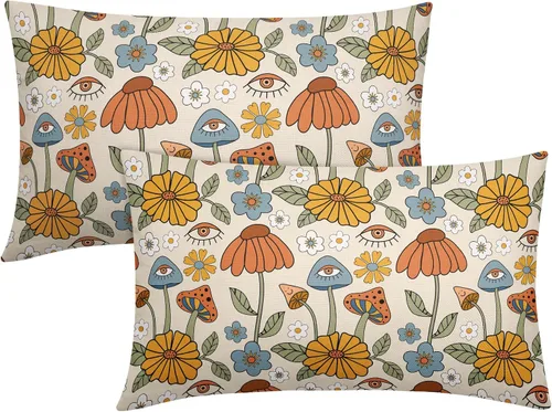 Vista 8 de Juego de 2 fundas de almohada retro bohemias, florales, amarillas y naranjas, de 16 x 16 pulgadas, estilo vintage de los años 70, con bonitos hongos