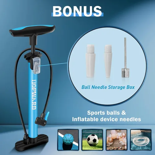 Vista 2 de Topward Bomba de neumáticos de bicicleta portátil, bomba de aire de mano para pelotas de ejercicio de bicicleta, inflables, se adapta a válvulas