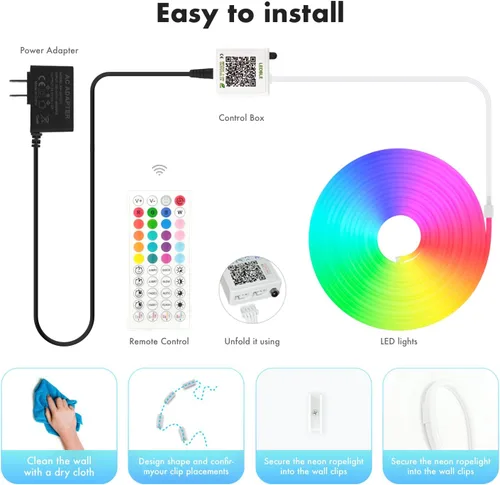 Vista 8 de Luces de Cuerda de Neón, Tiras de Luces LED RGB de 65.6 Pies, Control por Aplicación, Control Remoto IR, Sincronización de Música, Impermeable IP67