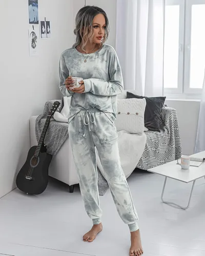 Vista 3 de Prettygarden - Conjunto de pijama para mujer, teñido anudado, de dos piezas, pijama con camiseta de manga larga y pantalón largo, con bolsillos