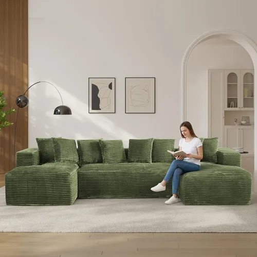 Vista 12 de Sofás seccionales en forma de U de gran tamaño de 131 pulgadas para sala de estar, cómodo sofá modular de pana esponjosa beige sin hueso, sofá