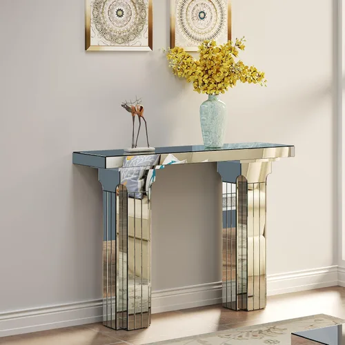 Vista 24 de Mesa Consola Negra con Espejo, Mesa de Sofá de Cristal Rectangular de 48 pulgadas con Elementos Tallados Vintage con Espejo, Muebles de Espejo
