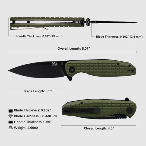 Vista 5 de Cuchillo plegable – Cuchillo de bolsillo plegable de acero D2 de 3.5 pulgadas, mango G10, apertura y cierre con una sola mano, rodamientos de bolas