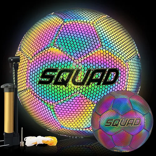 Vista 11 de SQUAD Balón de fútbol holográfico reflectante tamaño 5 – Pelota reflectante brillante para juegos nocturnos y entrenamiento – Cuero sintético