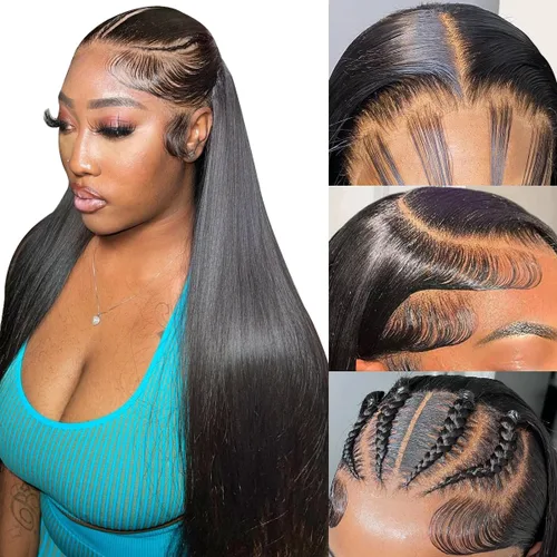 Vista 13 de Mengkai Pelucas de 28 pulgadas de encaje frontal liso de cabello humano, sin pegamento, prearrancadas con cabello de bebé, 13x4 de oreja a oreja