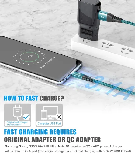 Vista 3 de sweguard Cable USB C de 3.1 A de carga rápida [2 unidades, 3.3 pies + 3.3 pies], cargador USB-A a USB-C, cable trenzado de nailon para Samsung
