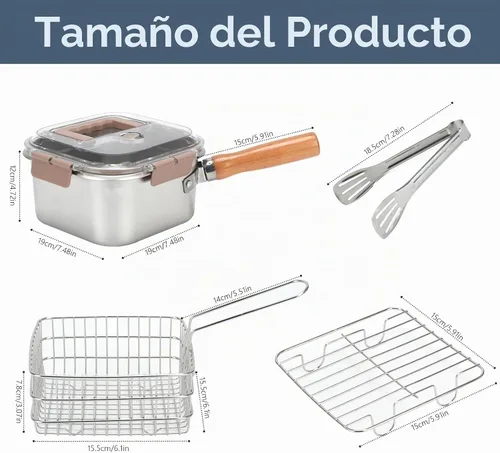 Vista 2 de Freidora de acero inoxidable, olla cuadrada con cesta y tapa, sartén profunda portátil con asa, colador de aceite, olla multifuncional para freír