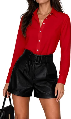 Vista 18 de Blusas de negocios para mujer, de manga larga, sin arrugas, con botones, ajuste clásico, cuello para el trabajo y la oficina