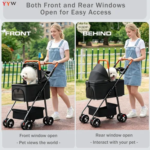 Vista 4 de YYW Cochecito para mascotas para perros y gatos pequeños, 3 en 1 plegable para gatitos, cachorros, carrito de paseo de viaje con portador extraíble