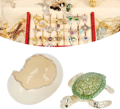 Vista 9 de Caja de baratijas de tortugas, aleación de zinc verde, hecha a mano, de metal, figura de tortugas bebés, caja de joyería para aretes de metal