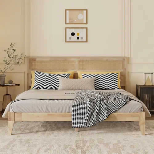 Vista 34 de JIVOIT Cama de plataforma de tamaño King con cabecera de 46.5 pulgadas de alto, marco de plataforma de madera de bambú maciza con listones de madera