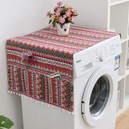 Vista 4 de vctops Funda de algodón y lino con estampado bohemio para nevera, a prueba de polvo, pompones, cubierta superior de lavadora multiusos con 6