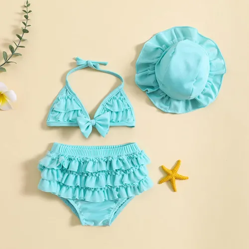 Vista 2 de Yccutest Traje de baño de flores para bebé, 3 piezas, parte superior triangular, parte inferior con volantes, sombrero para el sol, conjunto