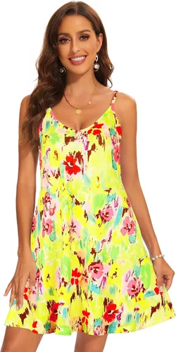 Vista 2 de AM CLOTHES Vestidos casuales de verano para mujer, salida de playa, mini vestido de verano con tirantes delgados, cuello en V y bolsillos