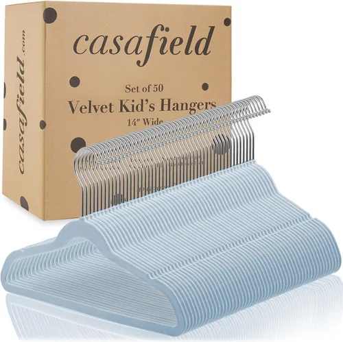 Vista 4 de Casafield 50 perchas de terciopelo para niños, tamaño de 14 pulgadas, color azul claro