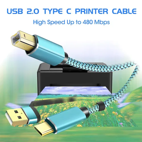 Vista 7 de Cable de impresora de 25 pies, cable USB C 2 en 1 y USB A a USB B, cable de impresora trenzado de nailon de alta velocidad para Mac, MacBook Pro