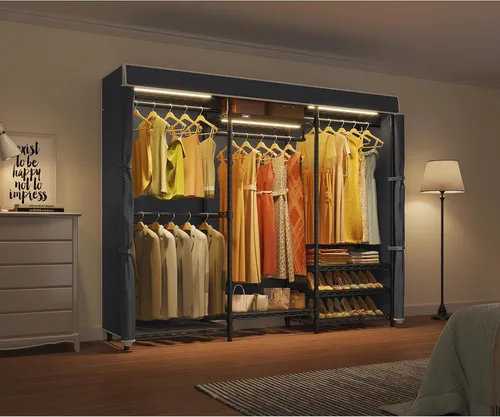 Vista 2 de VIPEK V5LC - Perchero resistente cubierto con luz LED regulable de 3000 K, blanco cálido, armario portátil independiente para colgar ropa, negro