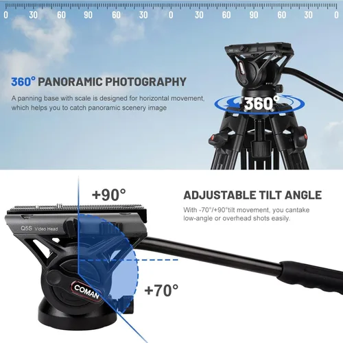 Vista 2 de COMAN - Trípode de video, trípode profesional resistente de 74 pulgadas con placa de liberación rápida y cabezal de fluido de 360°, soporte