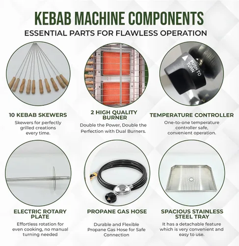 Vista 2 de Máquina Vertical de Shawarma HOMIRA - Parrilla Rotisserie de 2 Quemadores, Máquina de Doner Kebab y Tacos al Pastor con 10 Brochetas de Kebab