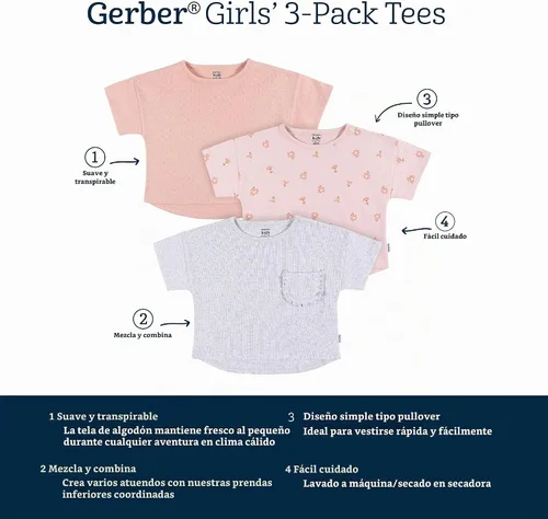 Vista 7 de Gerber Paquete de 3 camisetas de manga corta para bebé niña Flor