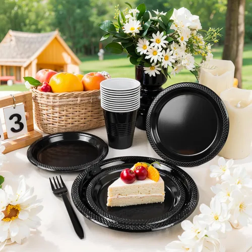 Vista 5 de MirthMood - 350 platos desechables negros, platos negros, suministros de plástico para fiestas, incluye 50 platos llanos, 50 platos de ensalada, 50