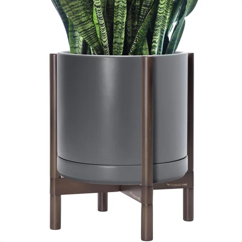 Vista 13 de D'vine Dev Maceta de cerámica con soporte de ébano – Maceta redonda moderna de 8 pulgadas con soporte para maceta de madera, color negro, 55-B-M-2