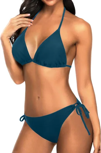Vista 4 de Tempt Me - Conjunto de bikini triangular para mujer, traje de baño sexy de dos piezas, traje de baño con cintas laterales Azul verde