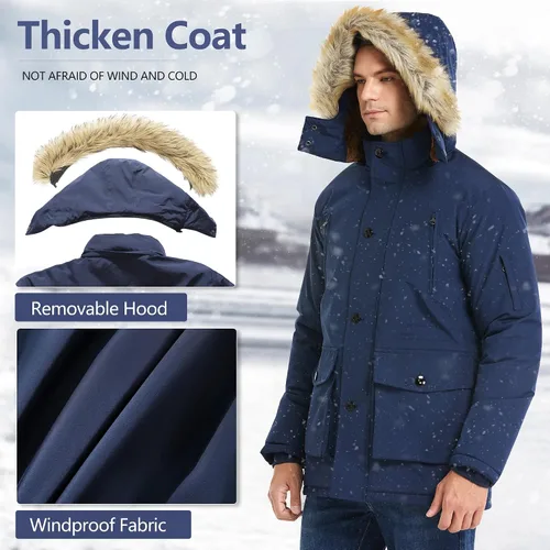 Vista 2 de JYG - Chaqueta de invierno gruesa para hombre, parka acolchada con capucha extraíble de piel sintética Azul