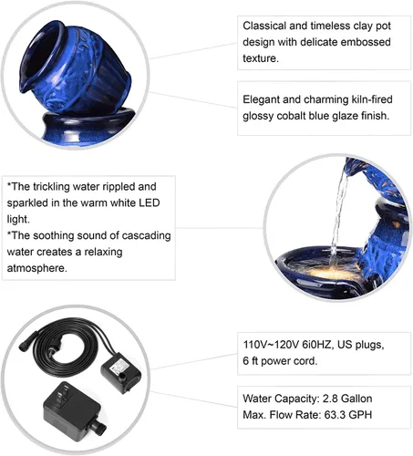 Vista 6 de Glitzhome - Fuente de jardín de 27.25" de alto con luces LED y bomba, fuente de agua para exteriores de 4 niveles con patrón en relieve azul Azul