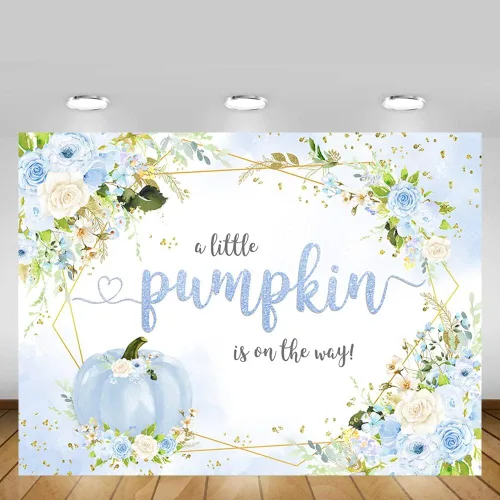 Vista 5 de MEHOFOND Telón de fondo de calabaza de otoño de 7 x 5 pies para niño, baby shower, decoración de fiesta de bebé azul floral para bebé, niño