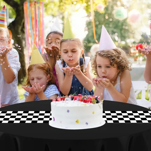 Vista 4 de Oudain 3 piezas de suministros para fiesta de cumpleaños de autos, decoraciones para fiestas de carreras, mantel redondo de carreras con bandera a
