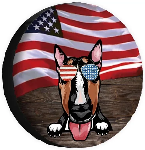Vista 23 de Cubierta de neumático de repuesto para perro, Basset Hound con gafas de sol, con bandera de Estados Unidos, fundas protectoras de ruedas a prueba