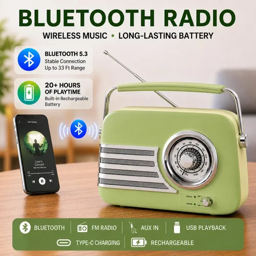 Vista 2 de Altavoz Bluetooth retro con radio FM, altavoz de radio portátil vintage, más de 20 horas de duración de la batería con antena telescópica, carga