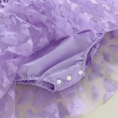 Vista 4 de Vestido de princesa para bebé niña 3D de malla de mariposa morada, sin mangas, de tul + diadema