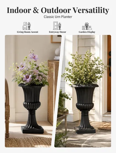 Vista 3 de NUPTIO Urn Planters for Front Porch: 19.7 Inch Set of 2 Black Pedestal Pots