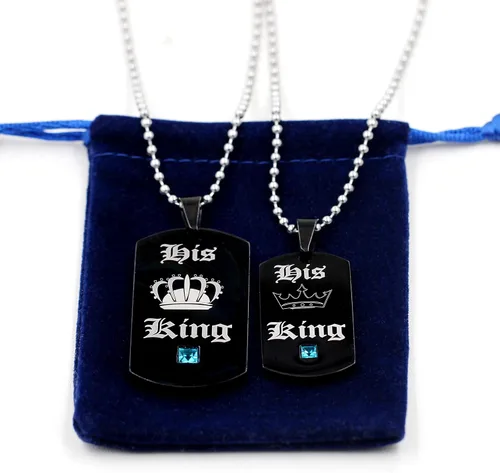 Vista 9 de Uloveido Juego de 2 collares de titanio con placa de identificación de orgullo gay o lesbiana para su rey y su reina SN125 (negro, dorado)