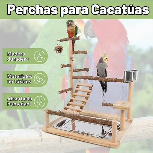 Vista 3 de Zona de juegos para pájaros, soporte de perca de loro, soportes de madera natural para cacatúa, perca de madera de cacatúa, escalera de gimnasio