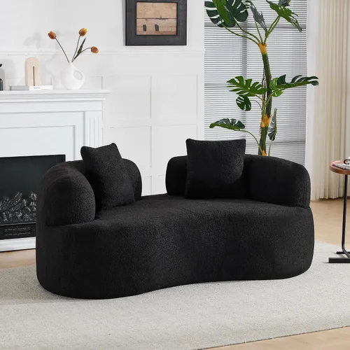 Vista 13 de Sofá biplaza curvado moderno de 67 pulgadas, sofá tapizado de terciopelo de peluche, cómodo sofá comprimido con 2 almohadas para espacios pequeños