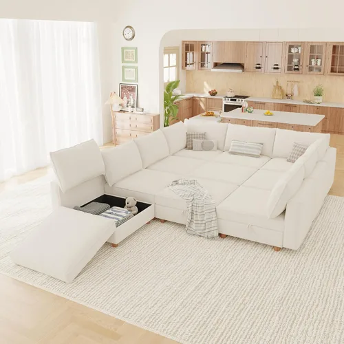 Vista 37 de 95.5" Sofá seccional modular de chenilla con almacenamiento oculto, sofá cama convertible en forma de L y U, sofá seccional moderno de 6 plazas