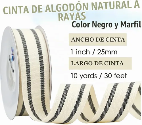Vista 2 de MEEDEE Cinta de tela a rayas de algodón natural de 1 pulgada, cinta de rayas blancas y negras para manualidades, envoltura de regalos, decoración