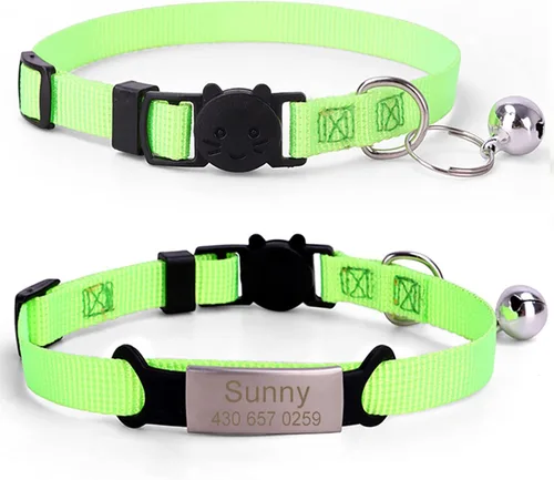 Vista 7 de Collares de gato personalizados, nombre grabado personalizado y etiqueta de identificación de teléfono, collar ajustable para mascotas suave y Negro