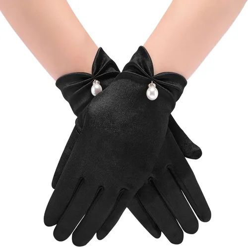 Vista 2 de Ayliss Guantes cortos de boda para mujer, de satén, para fiesta de ópera, de los años 20, para ocasiones especiales, vestido formal, baile, cosplay