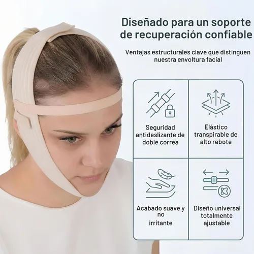 Vista 8 de Banda de correa de barbilla para ropa de compresión facial poscirugía, Cinta de envoltura de cara de doble barbilla, Ejercitador de línea de Beige
