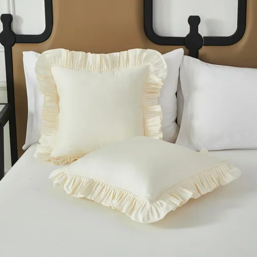 Vista 2 de Lemfux Juego de 2 fundas de almohada con volantes, fundas de almohada decorativas de algodón lavado, fundas de cojín sólidas desgastadas y elegantes