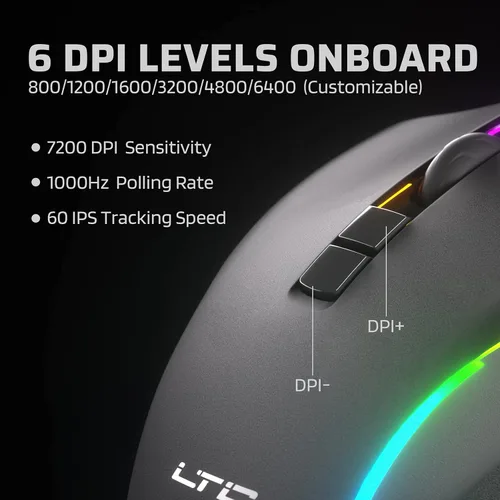 Vista 7 de LTC MKM051 MMO Mouse para juegos, 10 botones programables, 7200 DPI, mouse RGB con cable, construcción ergonómica de agarre natural, 5 teclas macro