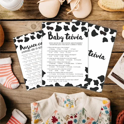Vista 4 de Juego de preguntas para bebés para baby shower, impresiones de vacas de 5 x 7 pulgadas, tarjetas de juego rellenas de doble cara para niños o niñas