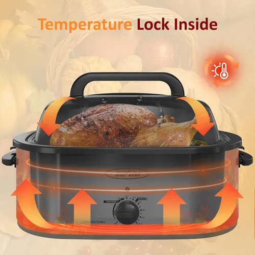 Vista 2 de Sunvivi Horno asador eléctrico con tapa visible, horno asador de pavo de 24 cuartos de galón con sartén y estante extraíbles, acero inoxidable