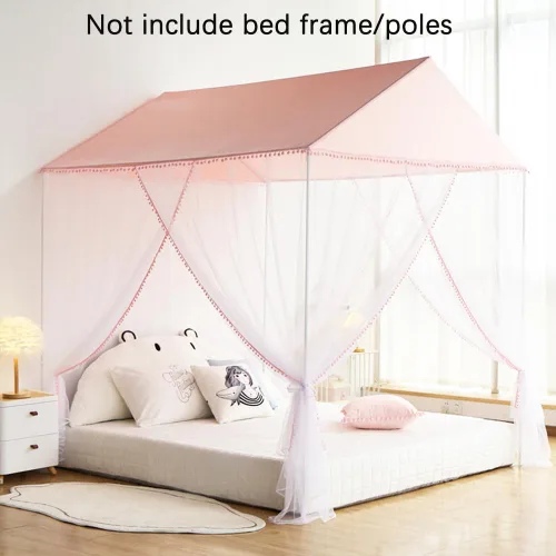Vista 5 de Akiky Mosquitera para niñas con castillo de princesa pompón para interiores y exteriores, red para cama para niños, no incluye postes de cama Rosa