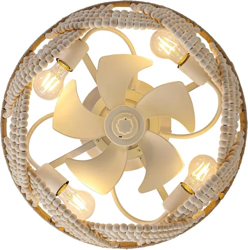 Vista 5 de Ventiladores de techo con luces de montaje empotrado, de 20 pulgadas, con lámpara de madera estilo Bohemia con cuentas, control remoto y aplicación